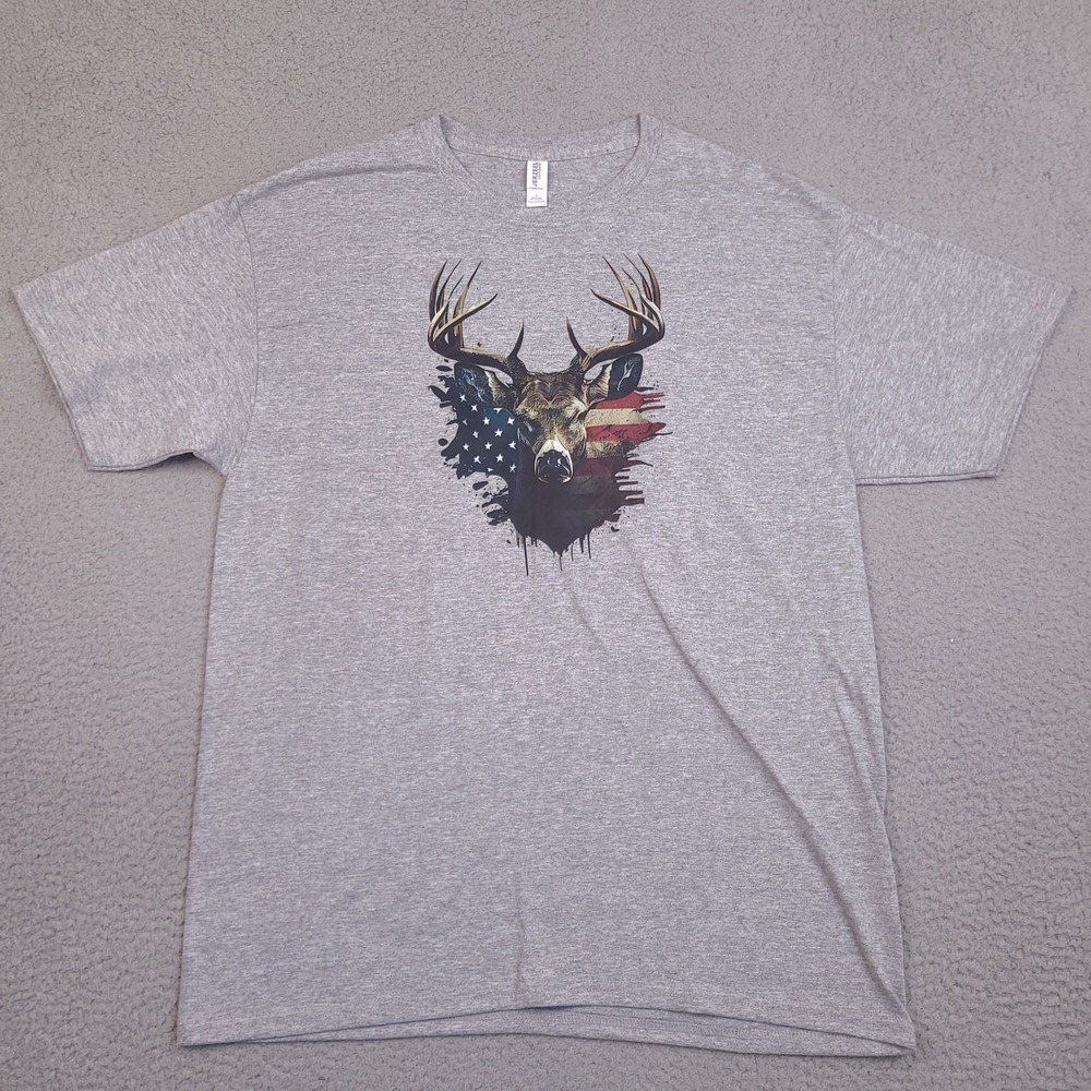Jerzees Dri-Power T-Shirt Mens Large Gray American Flag Deer Buck Graphic